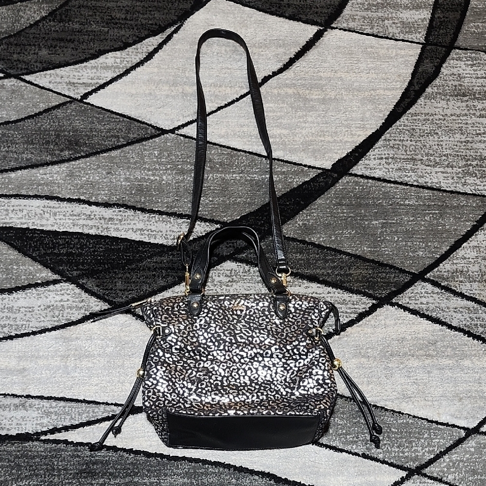 VINTAGE JUICY COUTURE BLACK & SILVER SHINE LEOPARD PRINT CROSSBODY BAG PURSE